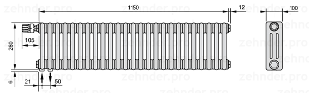 Схема (чертеж) Радиатор Zehnder Charleston 3026/25 №V001 Белый глянцевый RAL 9016